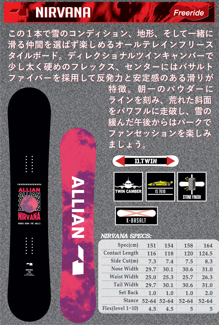 [予約] 23-24 ALLIAN アライアン NIRVANA ニルバーナ ニルヴァーナ [ 151cm 154cm 158cm 164cm ]  フリースタイル スノーボード 板 2023 2024 送料無料