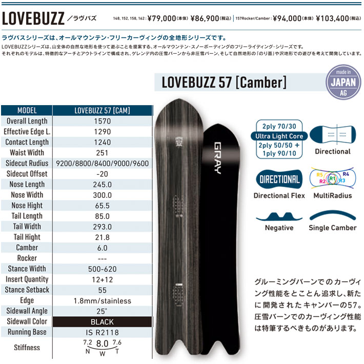予約商品] 25-26 GRAY SNOWBOARDS グレイ LOVEBUZZ 57 Camber
